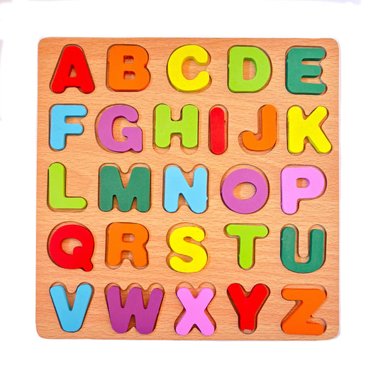 Wooden puzzle with colorful capital letters A to Z  on a white background. This educational toy helps young children learn the alphabet and letter recognition. 