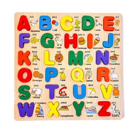 Wooden alphabet puzzle with colorful letters and pictures on a white background. Each letter piece features a corresponding image, such as A for Apple, B for Ball, and C for Cat. This educational toy helps young children learn the alphabet, letter recognition, and identify objects.