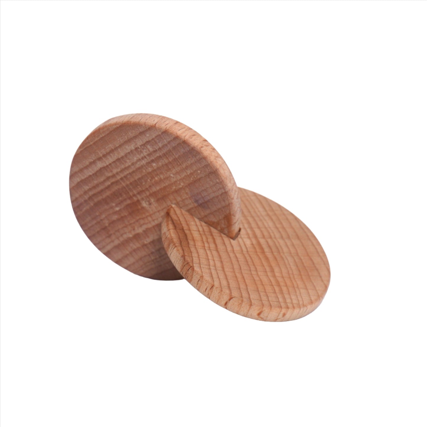 Two interlocking wooden discs stacked on top of each other on a white background. This simple wooden toy helps develop motor skills, hand-eye coordination, and problem-solving abilities in young children. 