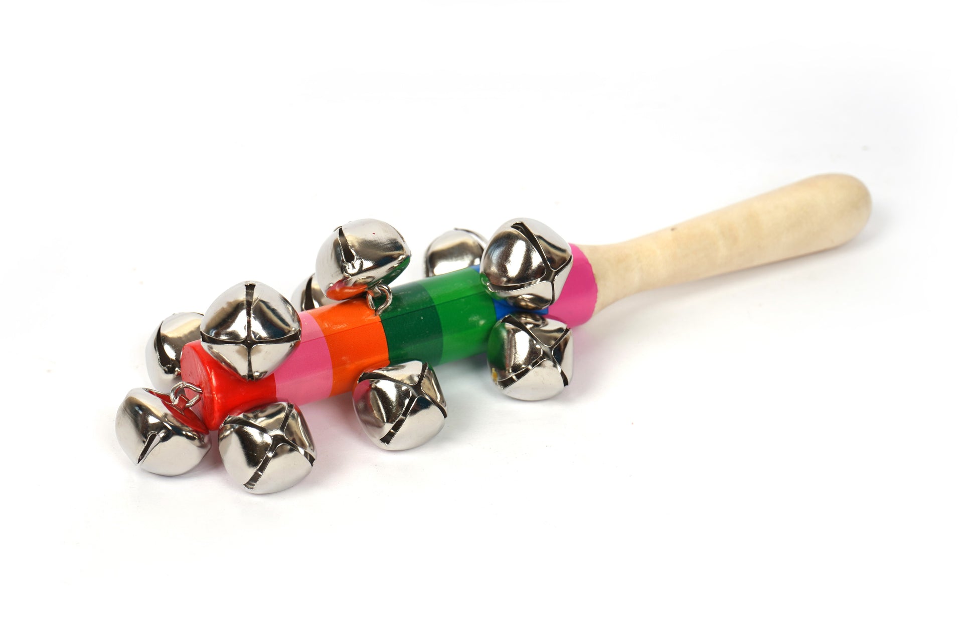 Wooden Rattle with Six colorful wooden cups in rainbow colors stacked on a wooden dowel on a white background. This classic children's toy helps toddlers develop motor skills, hand-eye coordination, and color recognition. 