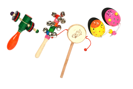 A colorful set of child-sized musical instruments on a white background. The set includes three types of rattles and clappers