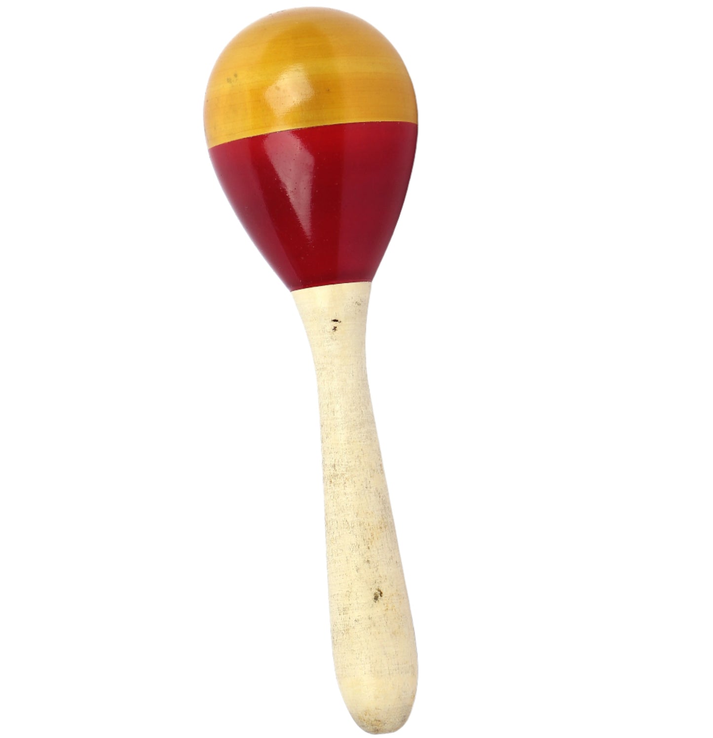 Egg Rattle with a Red and yellow head with wooden handles on a white background.