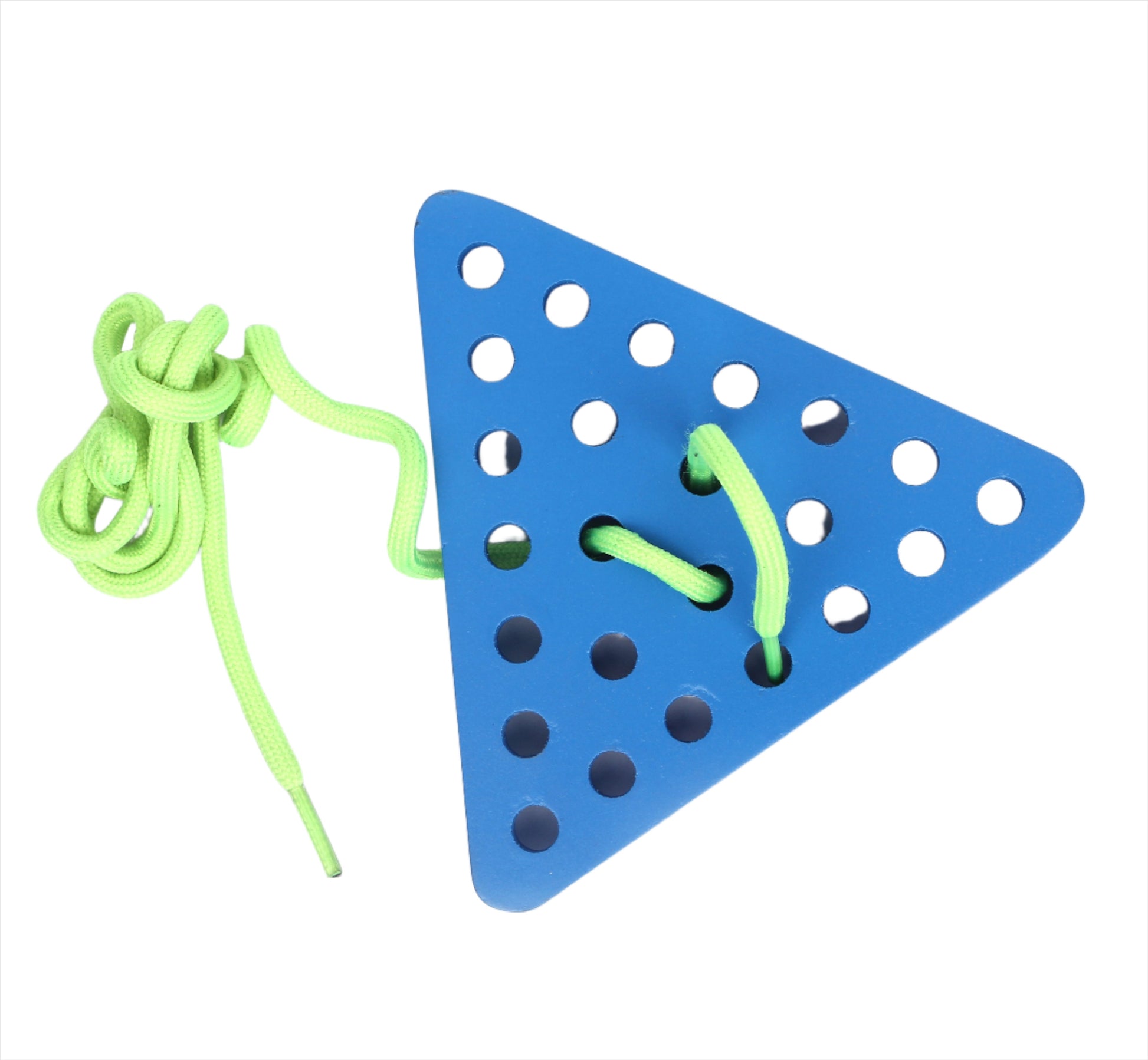 Blue Triangle shaped wooden weaving board  toy with green rope