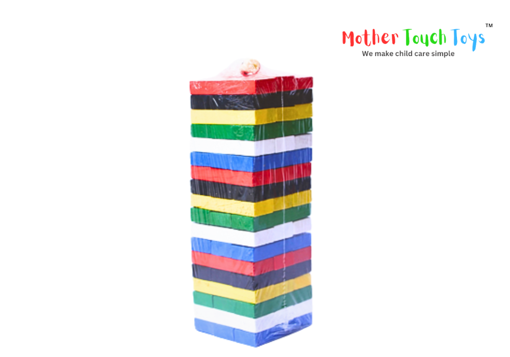 Stack of colorful wooden building blocks with numbers, some labeled 'Jenga'