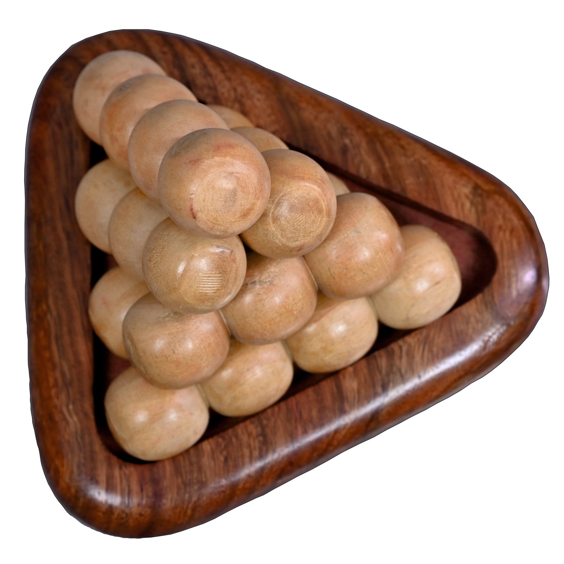 Pyramid of wooden balls stacked within a wooden triangular frame on a white background