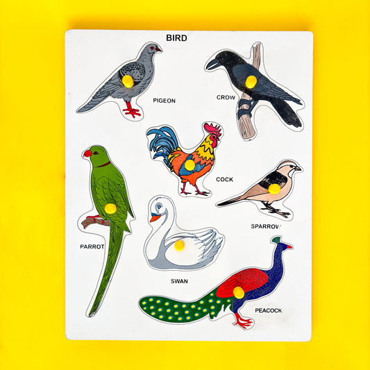  Bird puzzle for kids with various bird shapes on a yellow background. The text “BIRD” is displayed at the top followed by the names of six birds pictured: PIGEON, CROW, COCK, SPARROW, PARROT, and SWAN.  This educational toy helps young children learn about different bird species.
