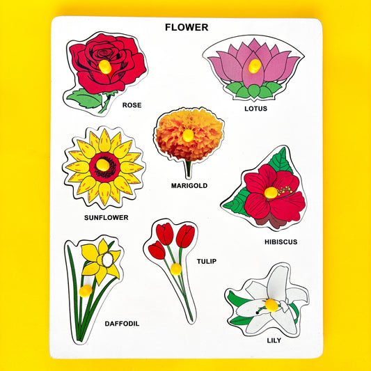 Wooden puzzle of different types of flowers on a yellow background. The puzzle pieces depict roses, lotuses, marigolds, sunflowers, hibiscuses, tulips, daffodils, and lilies.  This educational toy helps young children learn about and identify flowers.