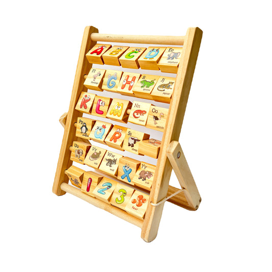 A colorful wooden abacus with animals and letters on the beads. The abacus also has numbers (0-9) and the word "four" written on it.