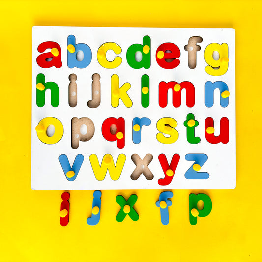 Wooden alphabet puzzle with colorful lowercase letters on a yellow background.
