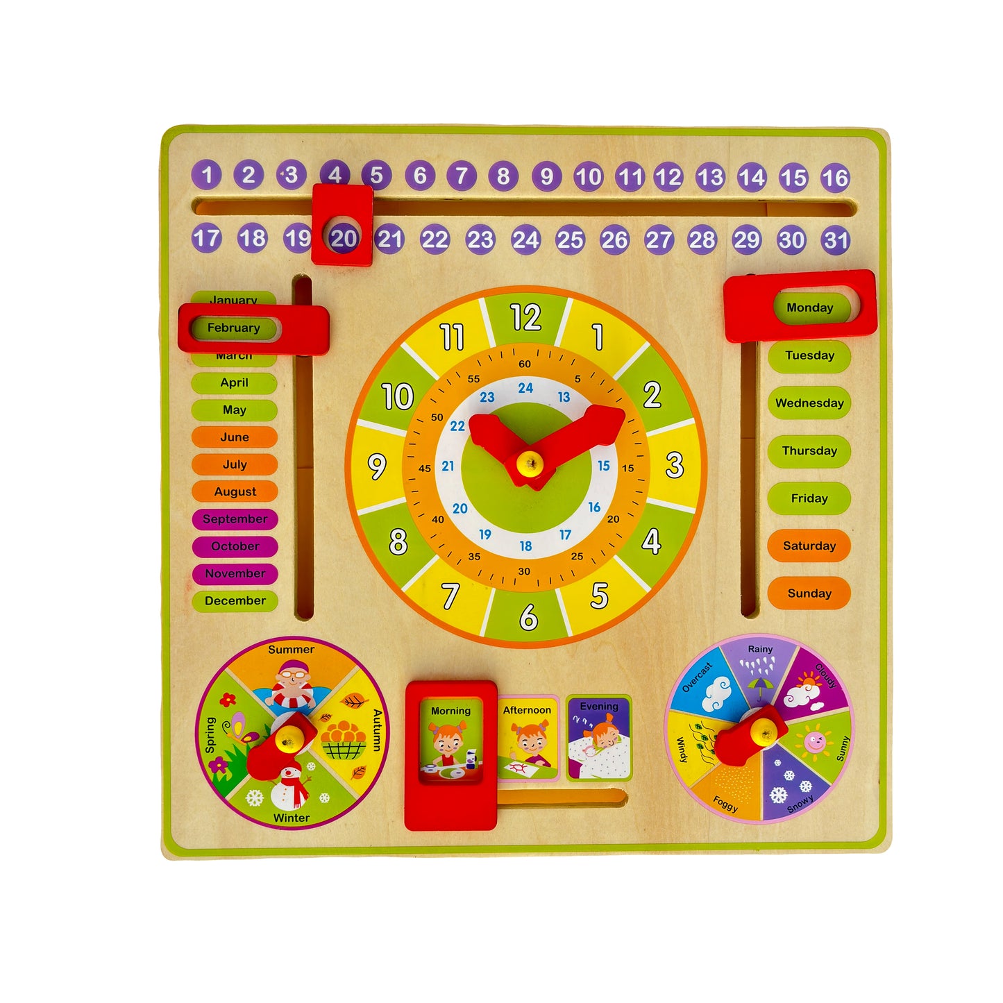 A wooden multifunctional learning board with various educational activities for children. The board includes features like an alphabet chart, a counting board with numbers and beads, shapes, a clock, and gears.