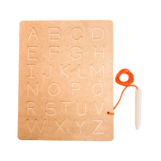 Wooden alphabet board with uppercase letters A-Z and a pen to practice writing on a white background