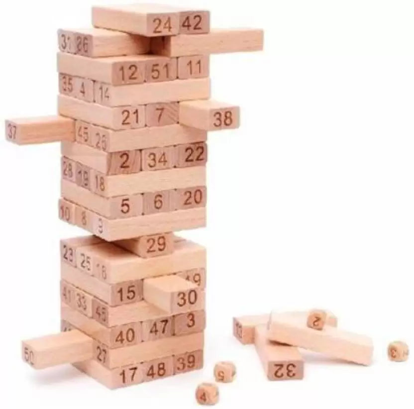 Stack of wooden building blocks with numbers, some labeled 'Jenga'