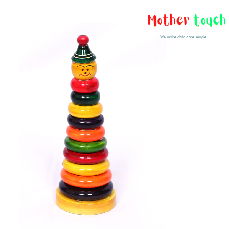 Wooden Stacking Ring Tower with clown face on top with colorful rings